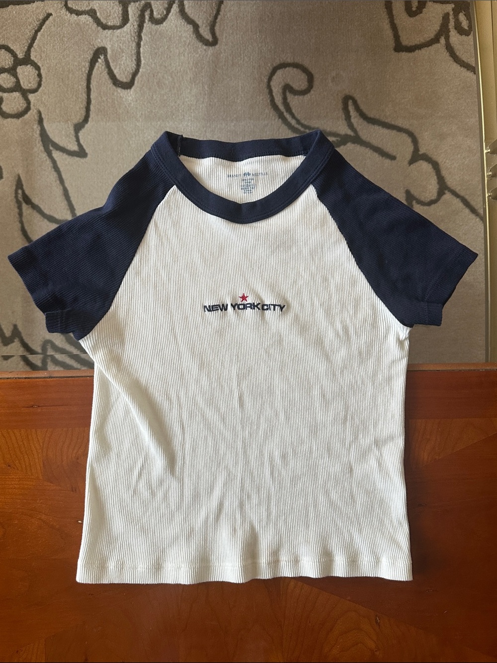 Brandy Melville White & Navy 'New York City' Raglan Tee
